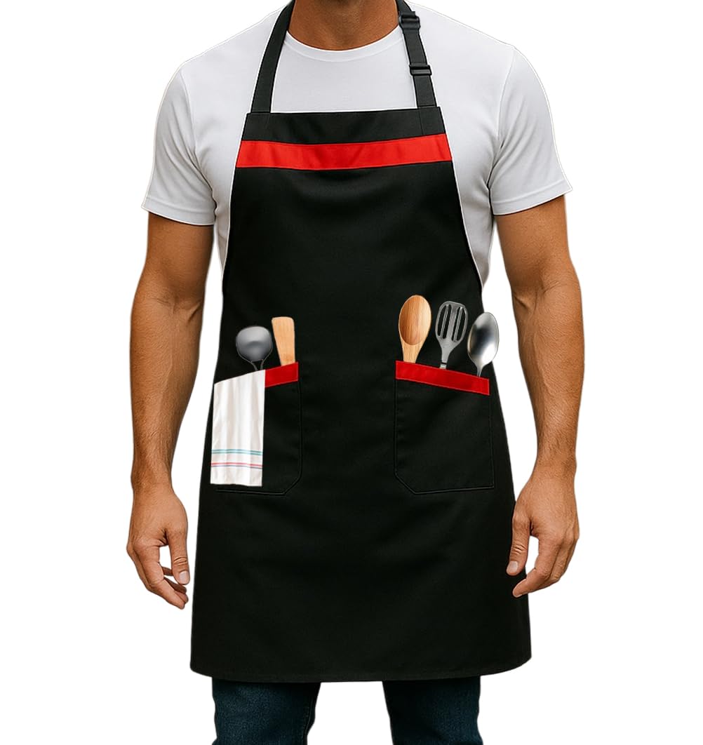 Kitchen Aprons for Men & Women – Black & Red, 2 Pockets – Single