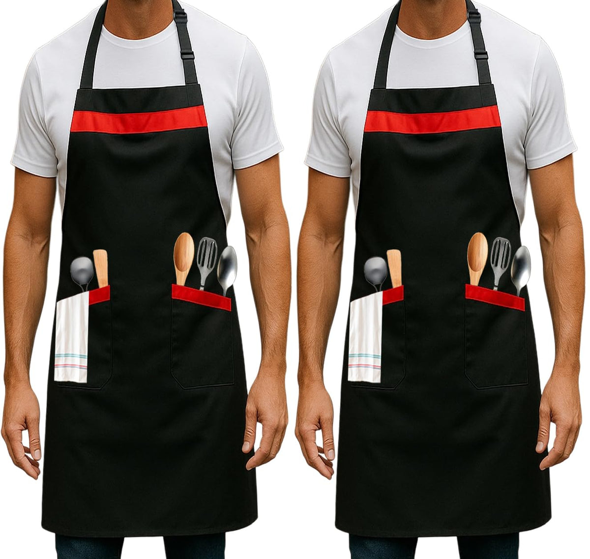 Kitchen Aprons for Men & Women – Black & Red, 2 Pockets – 2 Pack