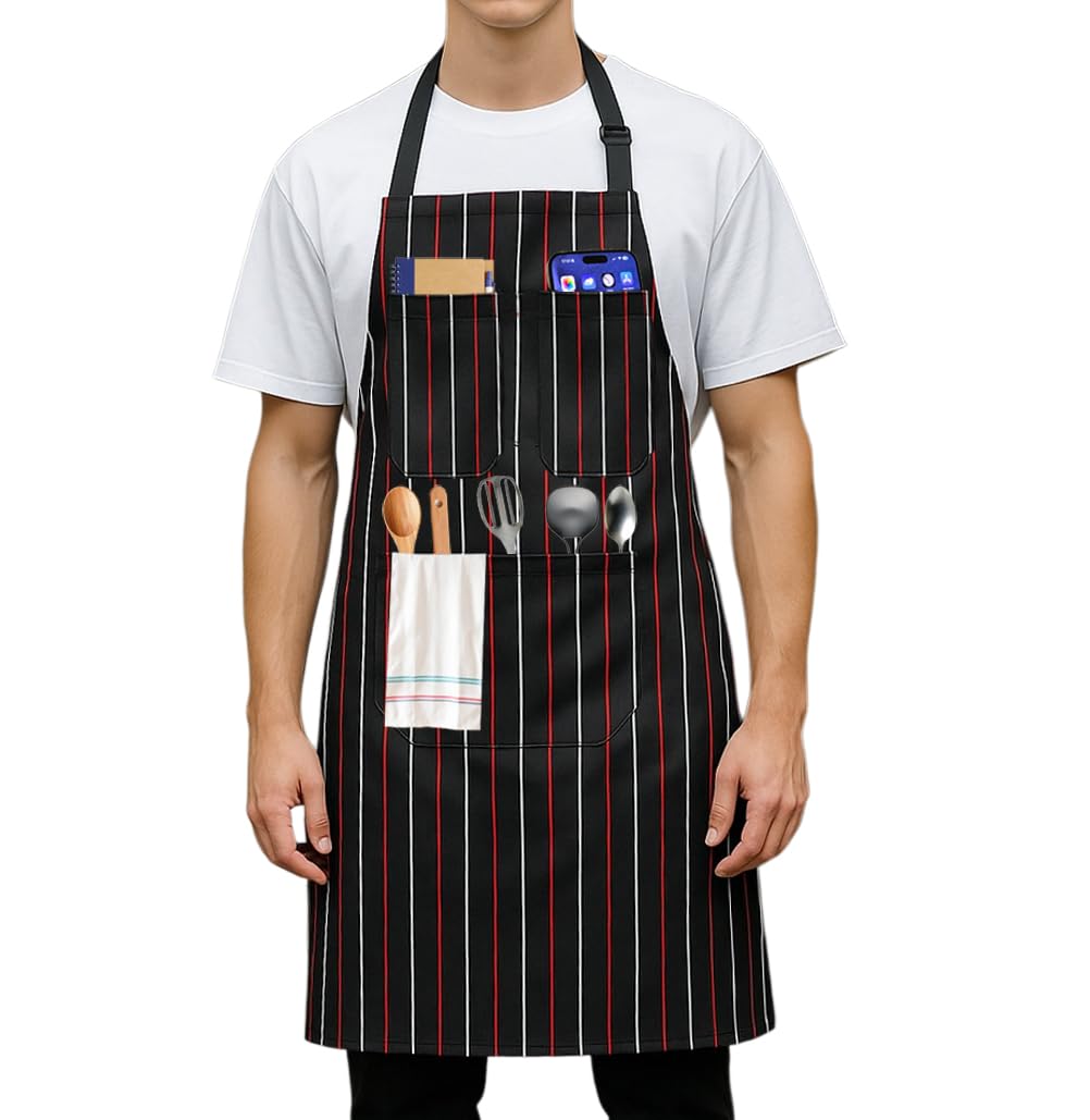 Kitchen Aprons for Men & Women – Black with Red Stripes, 3 Pockets – Single