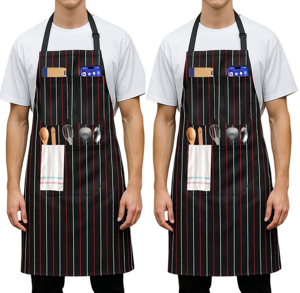 Kitchen Aprons for Men & Women – Black with Red Stripes, 3 Pockets – 2 Pack