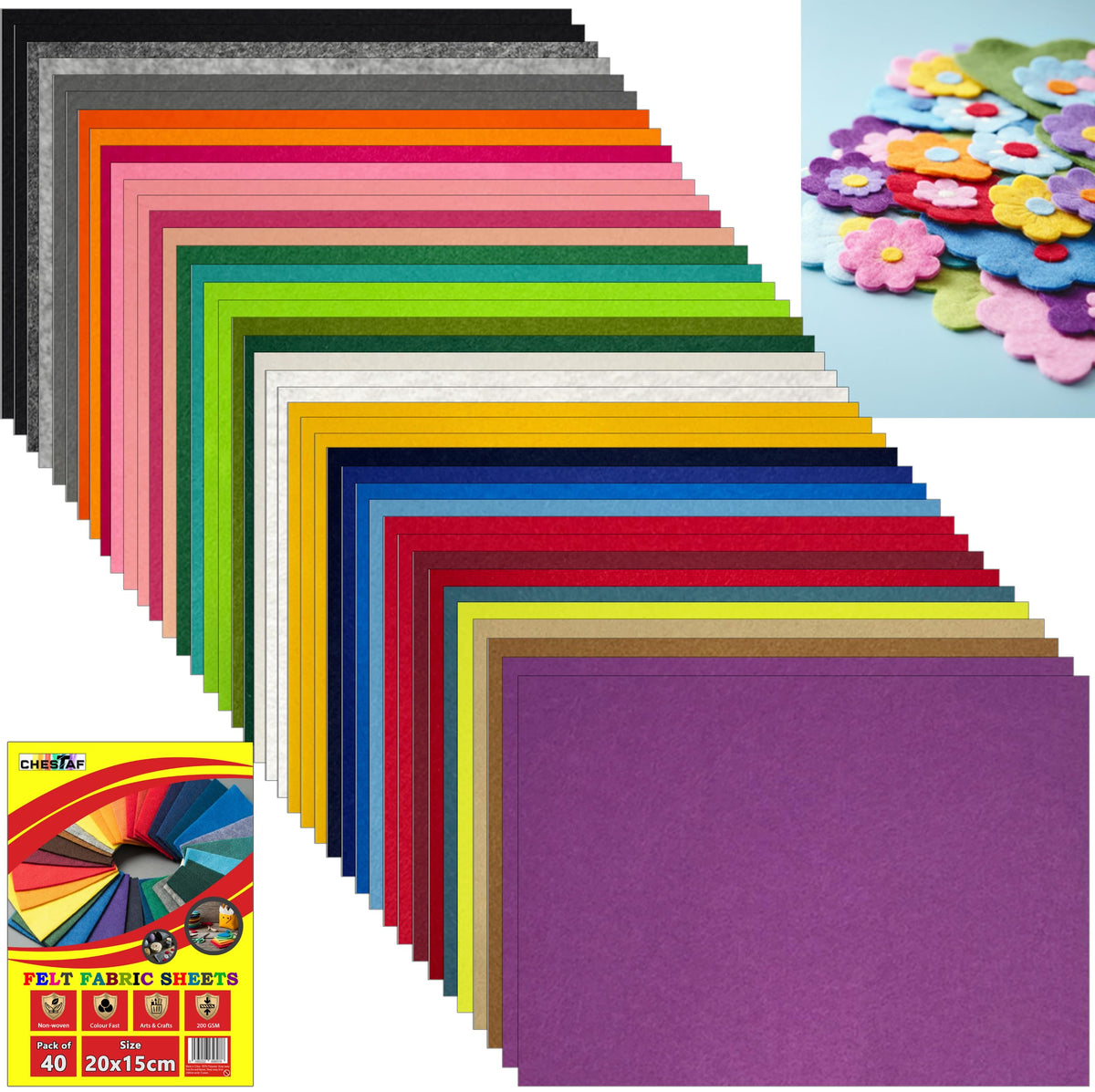 Felt Fabric Sheets – 40 Sheets – 20 x 15 cm